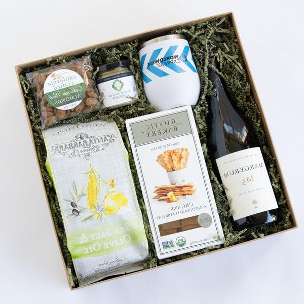 Santa Barbara Company wine gift box with gourmet snacks and tumbler